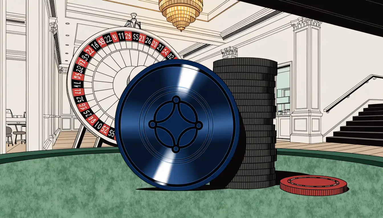 Cardano-Münze neben Casino-Chips auf einem Filztisch mit Roulette im Hintergrund.