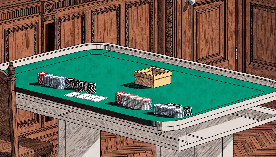 Casino-Tisch mit gestapelten Pokerchips und einem goldenen Geschenkkarton als Bonus-Symbol