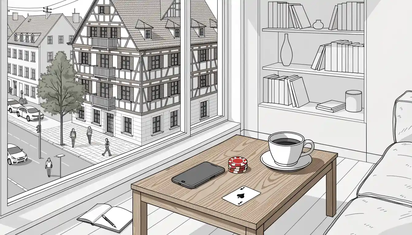 Helles deutsches Wohnzimmer mit Smartphone, Spielchips und Notizbuch auf dem Tisch