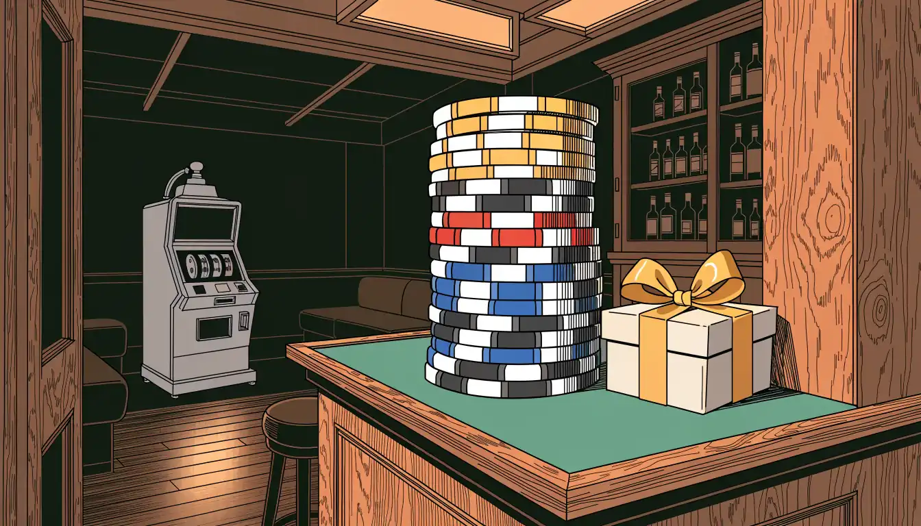 Stapel bunter Casino-Chips neben einer Geschenkbox mit goldener Schleife vor einem Spielautomaten
