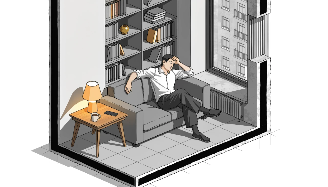 Junger Mann entspannt abends auf dem Sofa mit Smartphone und Kaffeetasse in moderner deutscher Wohnung.
