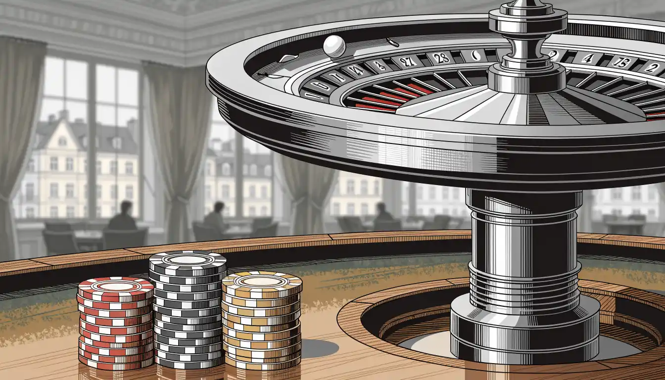 Glasierter Roulette-Tisch mit gestapelten Casino-Chips und Rouletterad im warmen Licht
