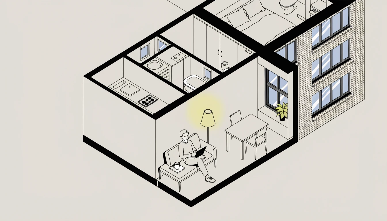 Gemütliche Wohnzimmer-Szene in einem modernen deutschen Apartment am Abend