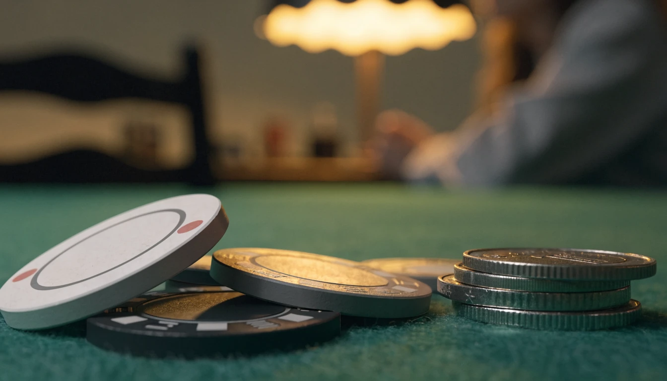 Niedrige Casino-Chips und Cent-Münzen auf grünem Filztisch unter warmer Lampe.