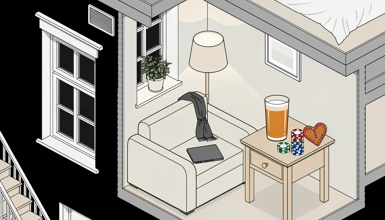 Modernes deutsches Wohnzimmer mit Casino-Chips und Bierglas