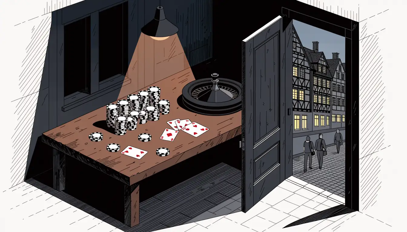 Casino-Chips, Spielkarten und Roulette auf einem Holztisch in einem schwach beleuchteten Hinterzimmer, deutscher Altbau im Hintergrund.