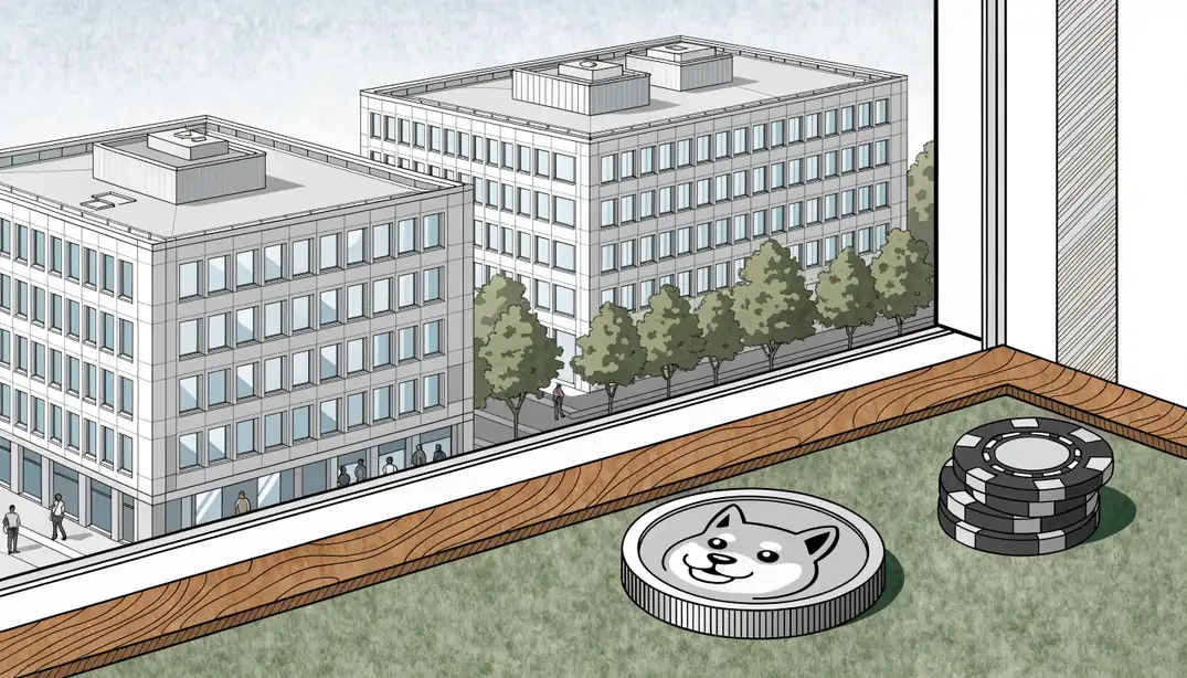 Dogecoin-Münze neben Casino-Chips auf einem Tisch, deutsche Stadtsilhouette im Hintergrund