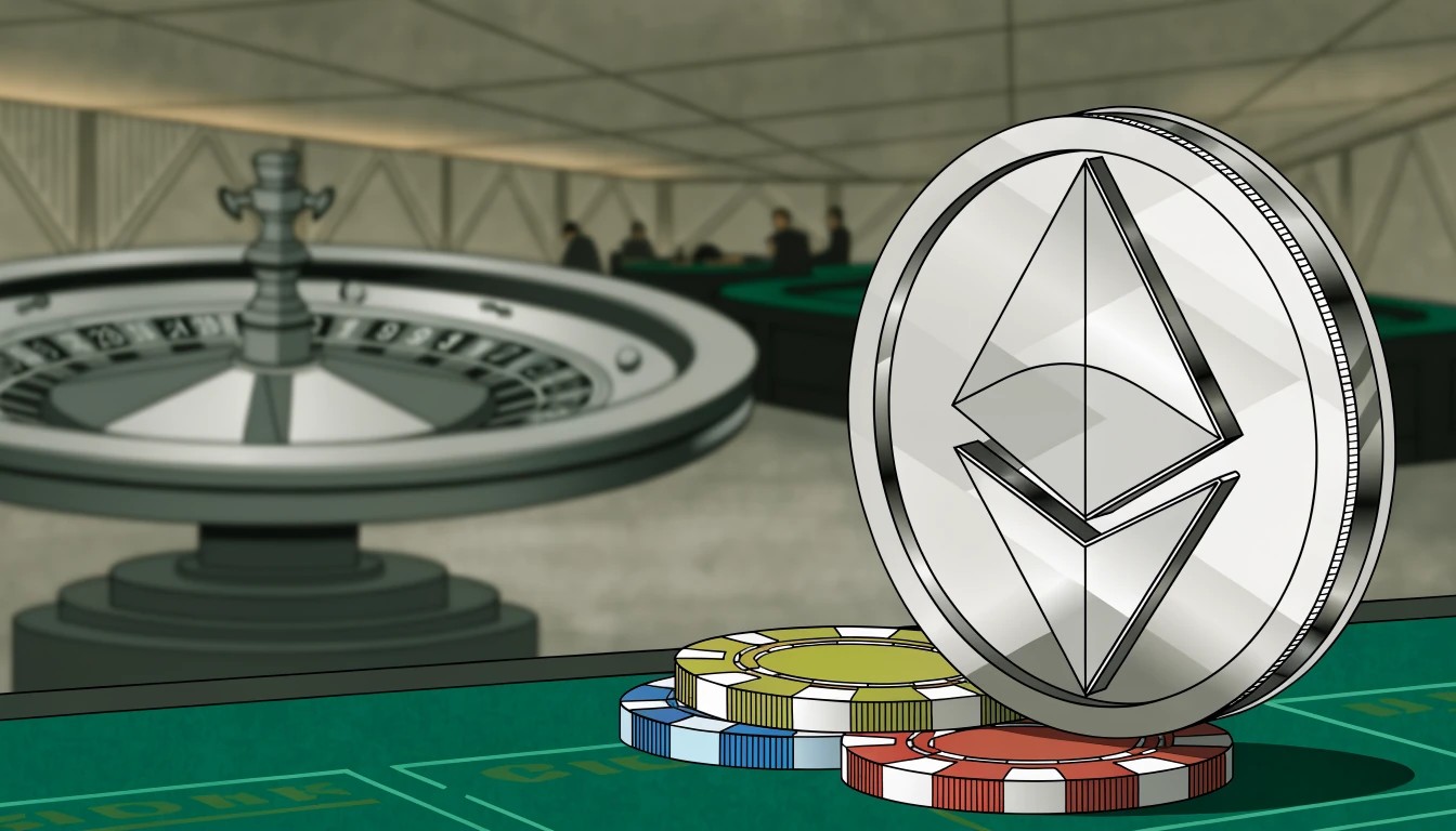 Ethereum-Münze auf grünem Spieltisch neben Pokerchips und Roulette