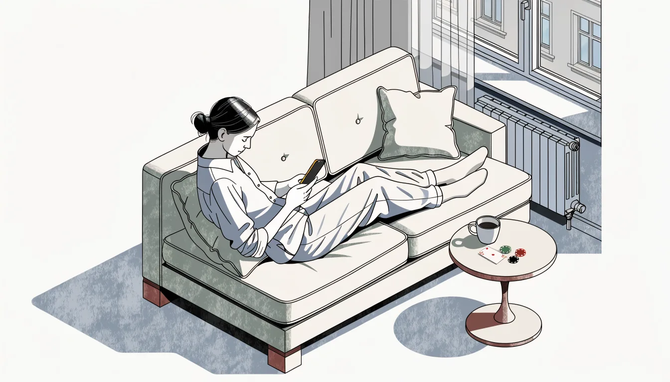 Person mit Smartphone auf der Couch neben Spielchips und einer Spielkarte.