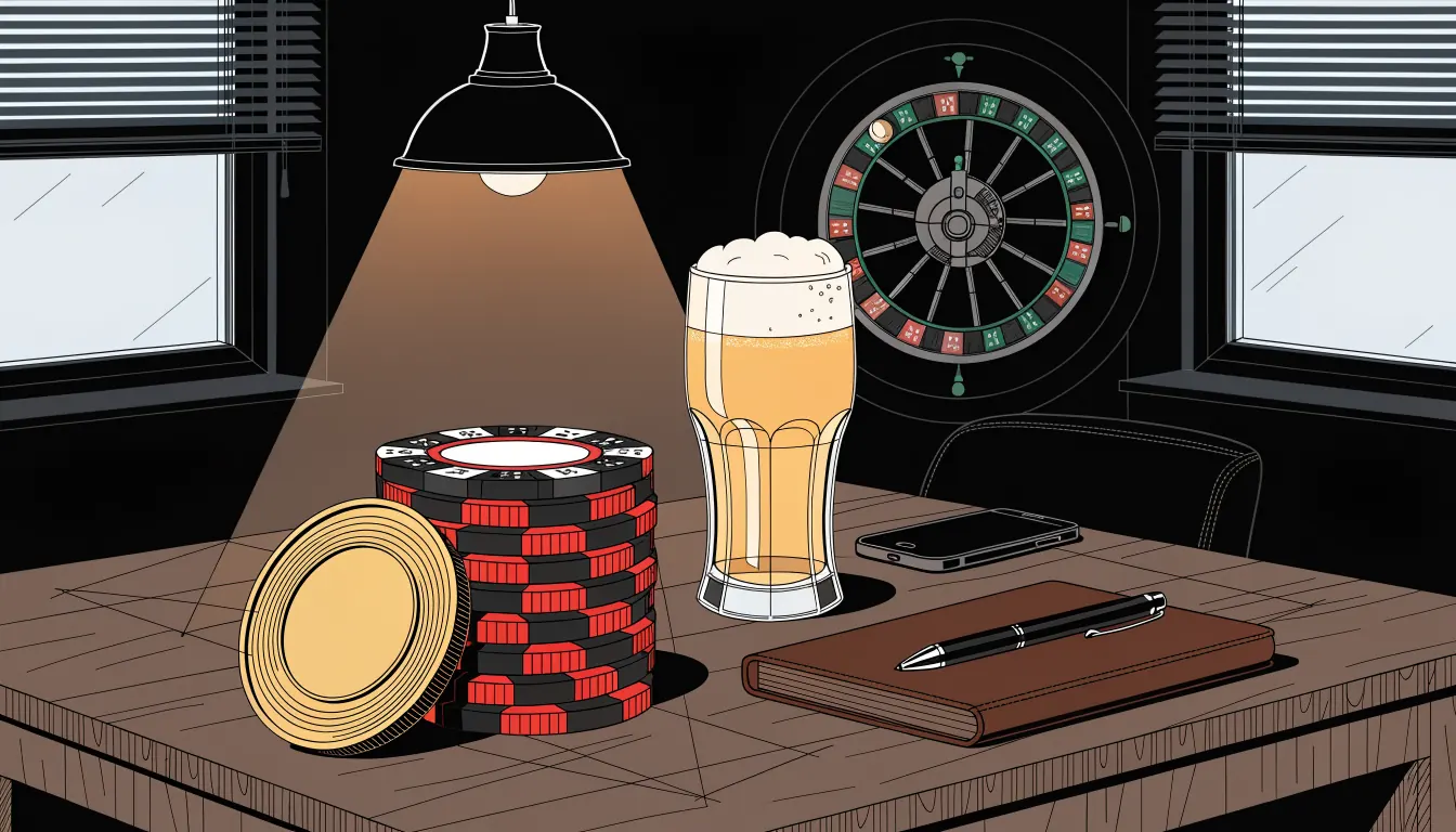 Goldener Krypto-Coin und Casino-Chips auf einem Holztisch neben Roulettekessel und Bierglas