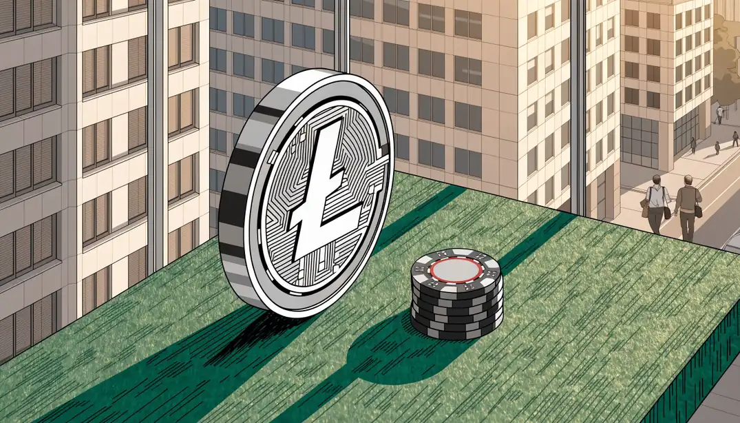 Litecoin-Münze auf Spieltisch mit Casino-Chips, moderne deutsche Skyline im Hintergrund