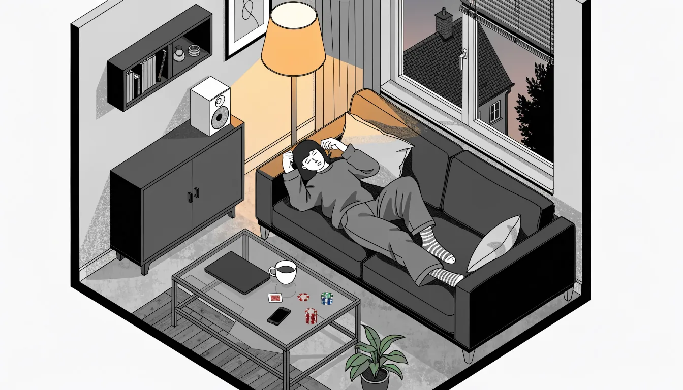 Abendliche Szene im deutschen Wohnzimmer mit Laptop, Smartphone und Casino-Chips auf dem Tisch.