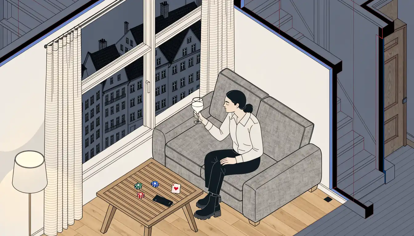 Person auf der Couch mit Smartphone, Chips und Spielkarte bei warmem Wohnzimmerlicht