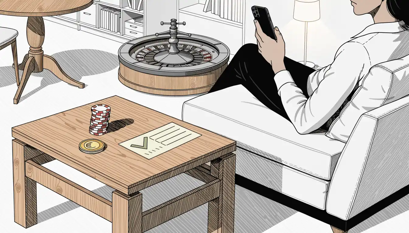 Entspannte Szene im deutschen Wohnzimmer mit Smartphone, Pokerchips und Roulette als Sinnbild für Casino-Bonus ohne Umsatzbedingungen.