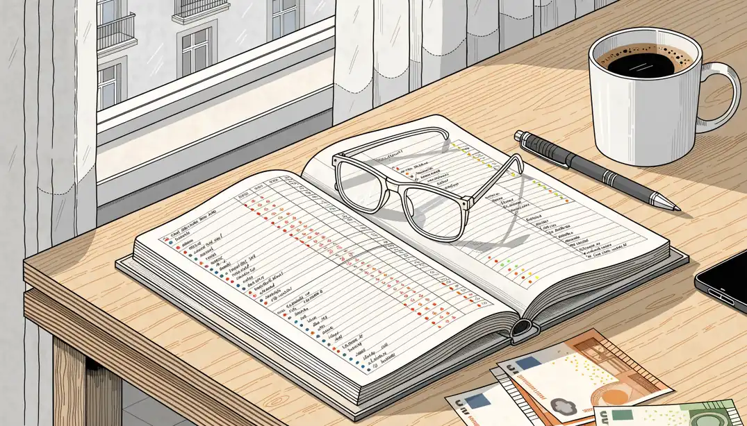 Notizbuch mit Stift, Brille, Kaffeetasse und Euroscheinen auf einem Schreibtisch