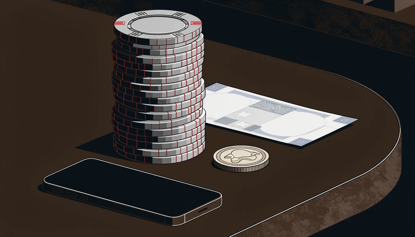 Stapel Casino-Chips mit Euro-Banknote und Münze auf Filzunterlage