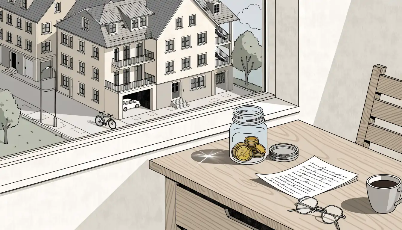 Glas mit Euromünzen auf einem Holztisch bei Tageslicht