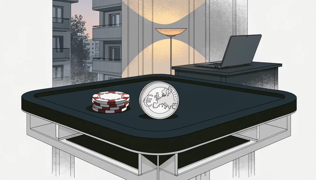 Eine Euromünze neben Spielchips auf einem Filztisch in deutscher Wohnung.