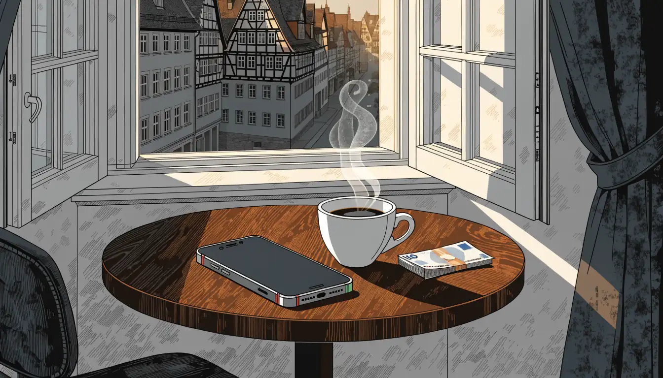 Smartphone mit Kaffee und 10-Euro-Schein auf einem Tisch