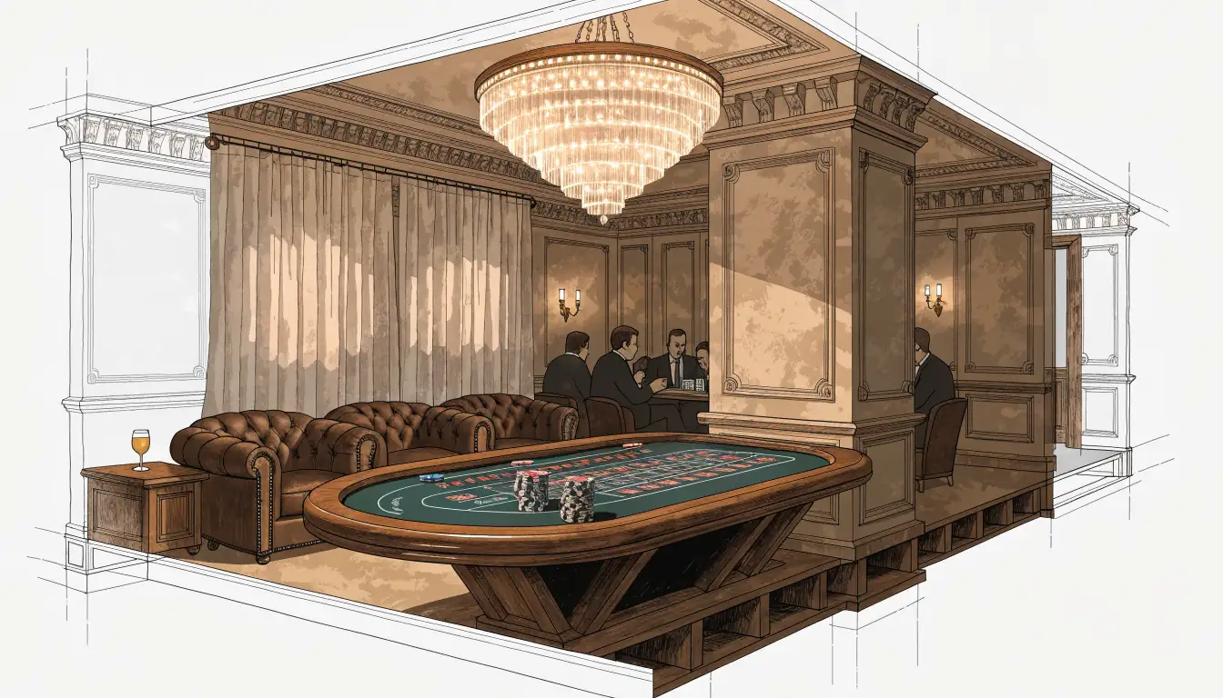 Elegante Casino-Lounge mit Roulette-Tisch, zwei Chip-Stapeln und warmem Kronleuchter