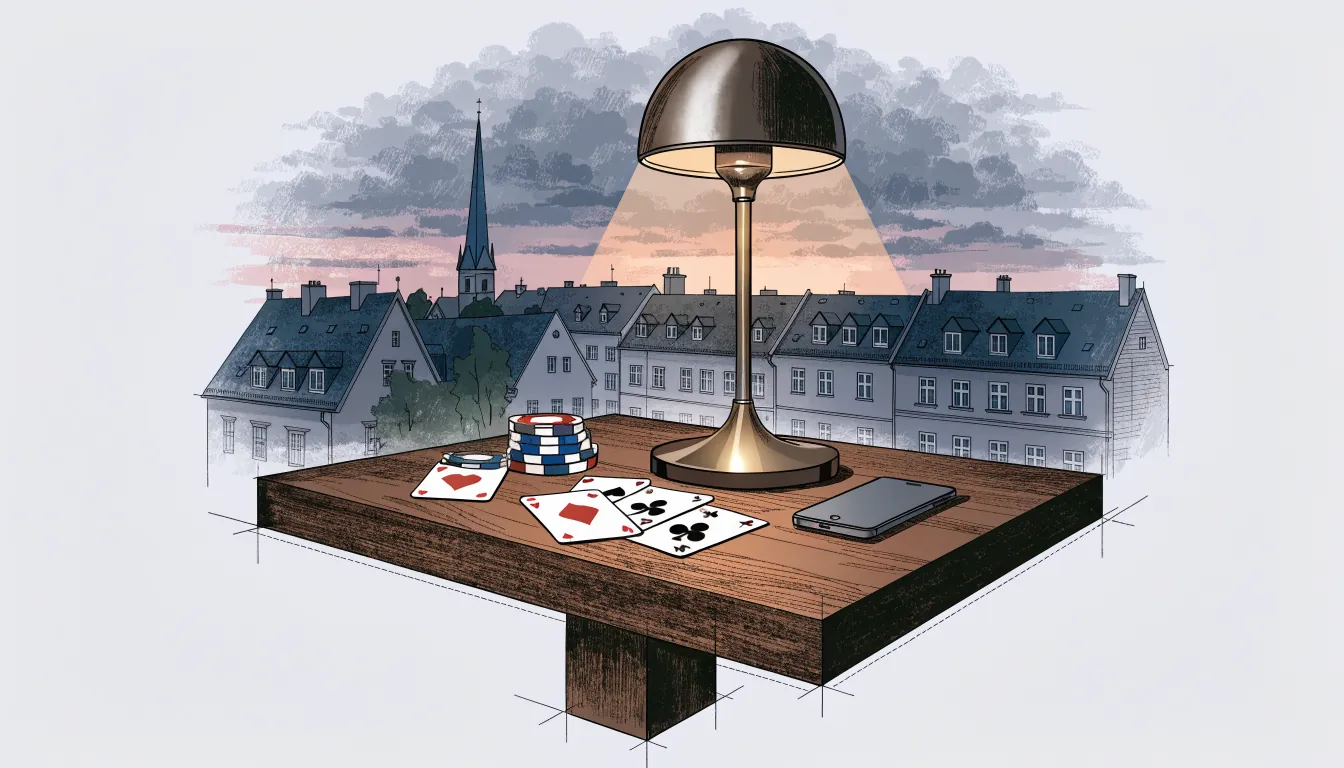 Casino-Chips und Spielkarten auf einem Holztisch neben einem Smartphone, deutsche Stadtsilhouette im Hintergrund