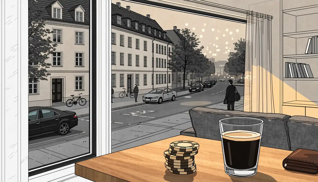 Modernes Berliner Apartment, goldene Casino-Chips auf Holztisch, Stadtlichter durchs Fenster