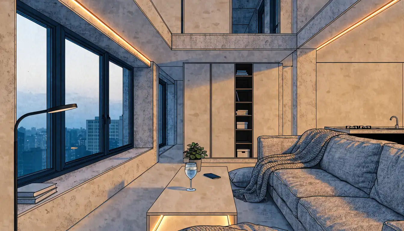 Modernes deutsches Wohnzimmer bei Abendlicht mit Smartphone auf dem Couchtisch.