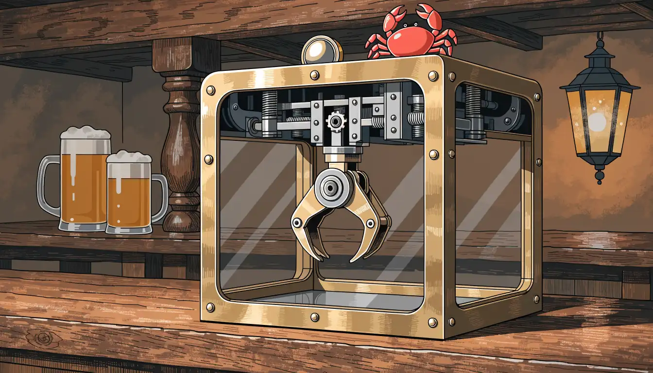 Stilvoller Greifautomat mit roter Krabbenfigur in einer gemütlichen deutschen Gaststtte.