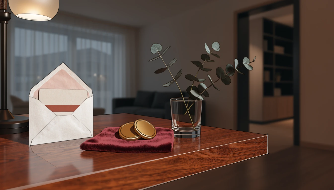 Willkommensgeschenk-Set mit Gutscheinkarte und goldenen Chips auf einem Schreibtisch