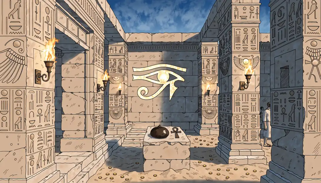 Ägyptischer Tempel mit leuchtendem Horus-Auge, Hieroglyphen, goldenen Münzen und Skarabäus auf einem steinernen Altar bei warmem Fackelschein