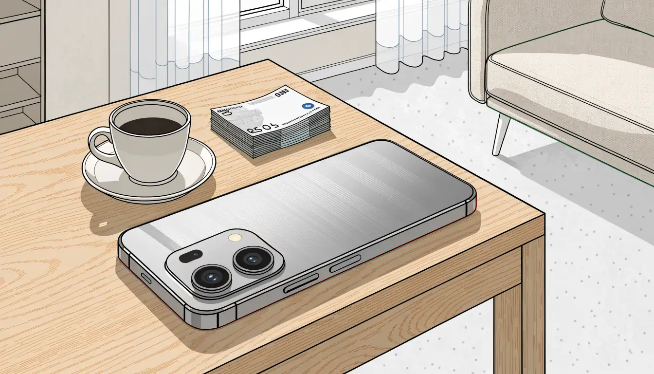 Smartphone mit Bildschirm nach unten auf einem Tisch neben Euro-Scheinen in einer deutschen Wohnung.