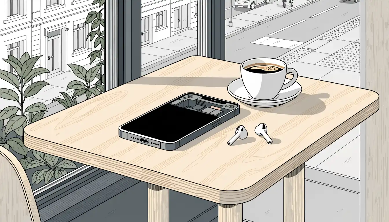 Smartphone auf einem Tisch in einem deutschen Café, Bildschirm nach unten.
