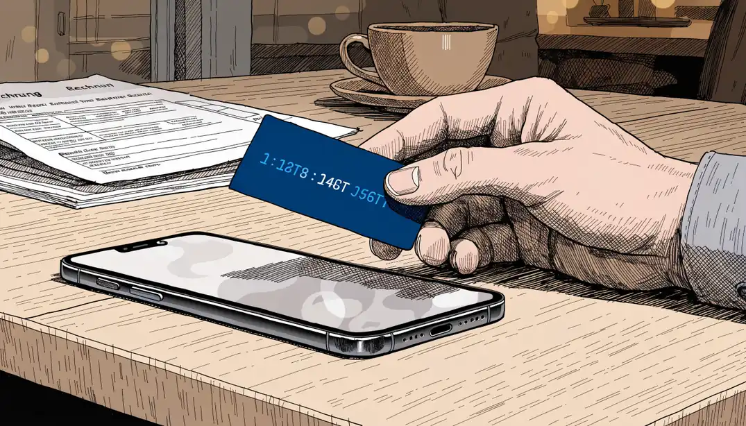 Hand hält eine Paysafecard mit Code neben einem Smartphone auf einem Tisch.
