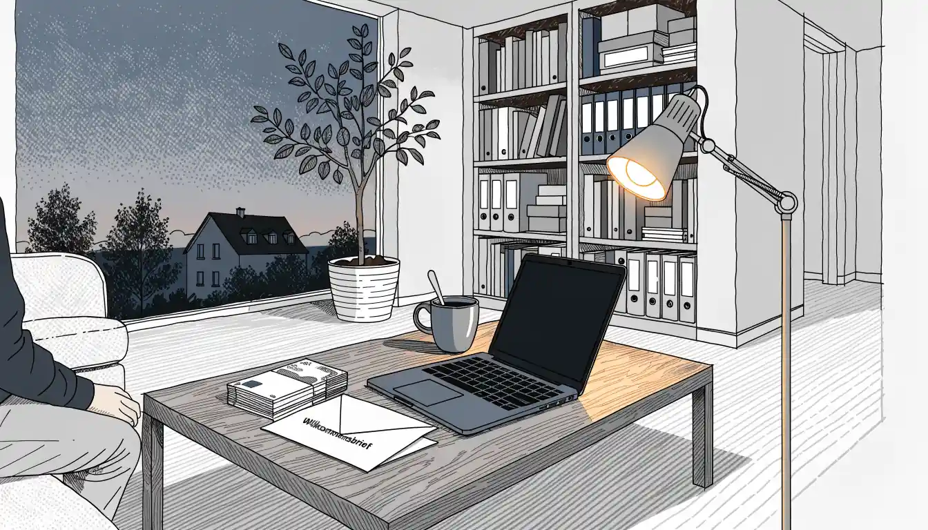 Wohnzimmer mit Laptop, Euro-Geldscheinen und Willkommensbrief auf dem Tisch.