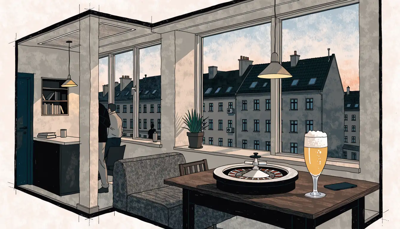 Stilvolle deutsche Spiel-Lounge mit Roulette-Tisch und Smartphone