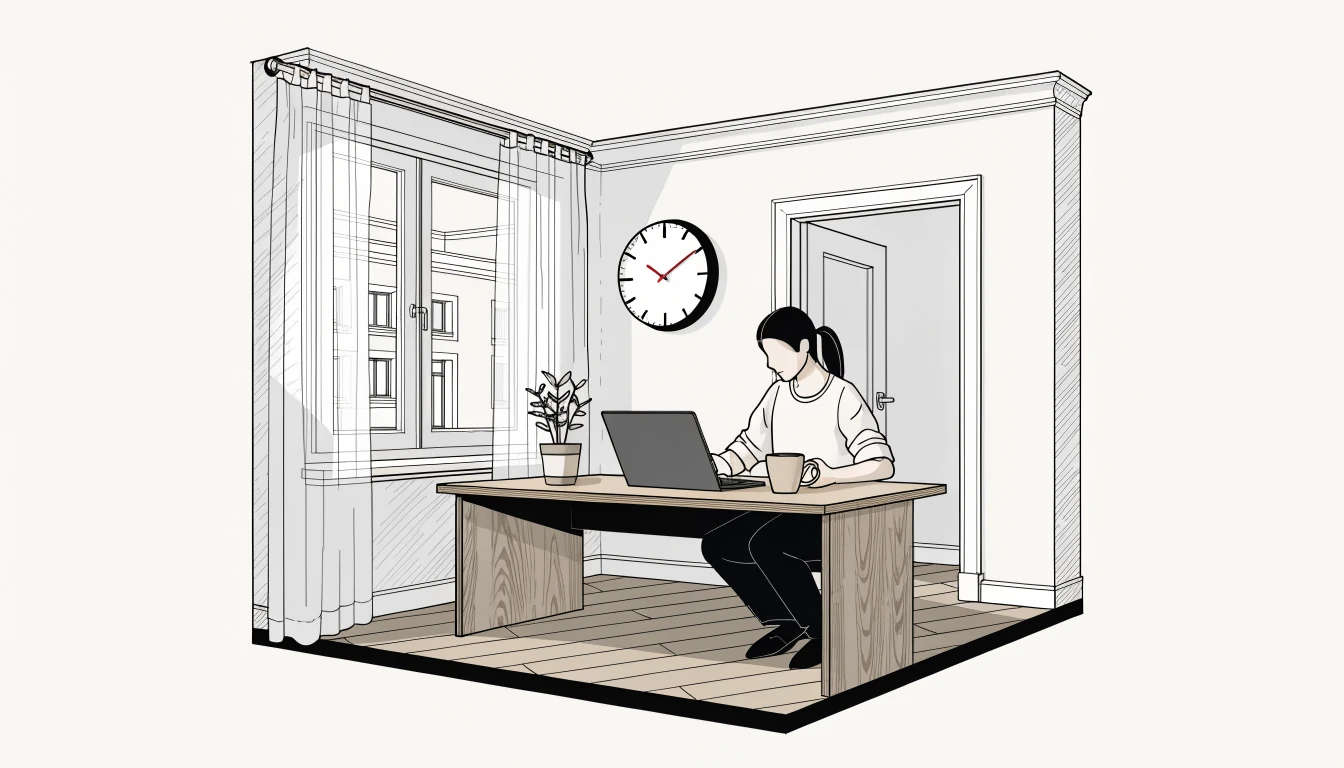 Person am Schreibtisch mit Laptop und Kaffeetasse, Uhr mit roter Sekundenzeiger im Blick