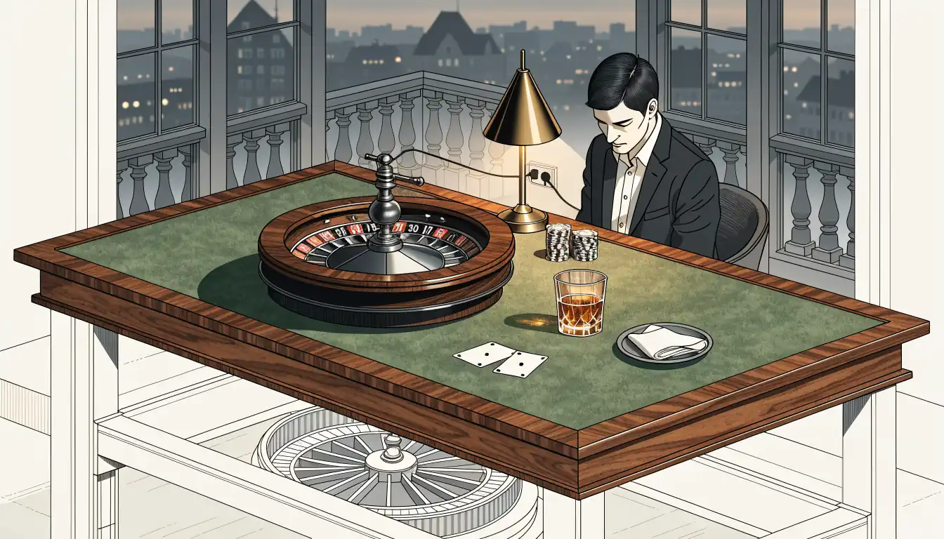 Elegantes privates Spielzimmer mit Roulette, gestapelten Chips und Karten auf einem dunklen Tisch im warmen Abendlicht.