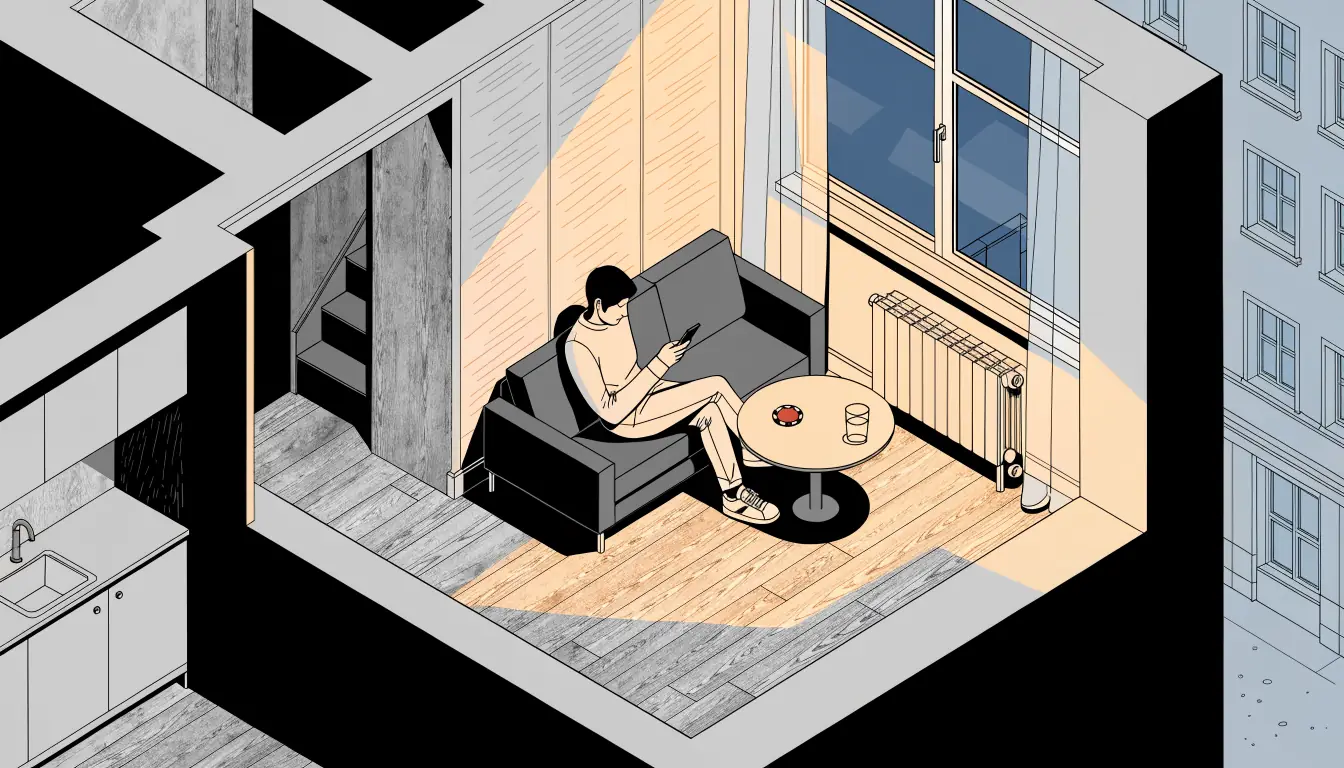 Entspannter Moment mit Smartphone im modernen Wohnzimmer abends