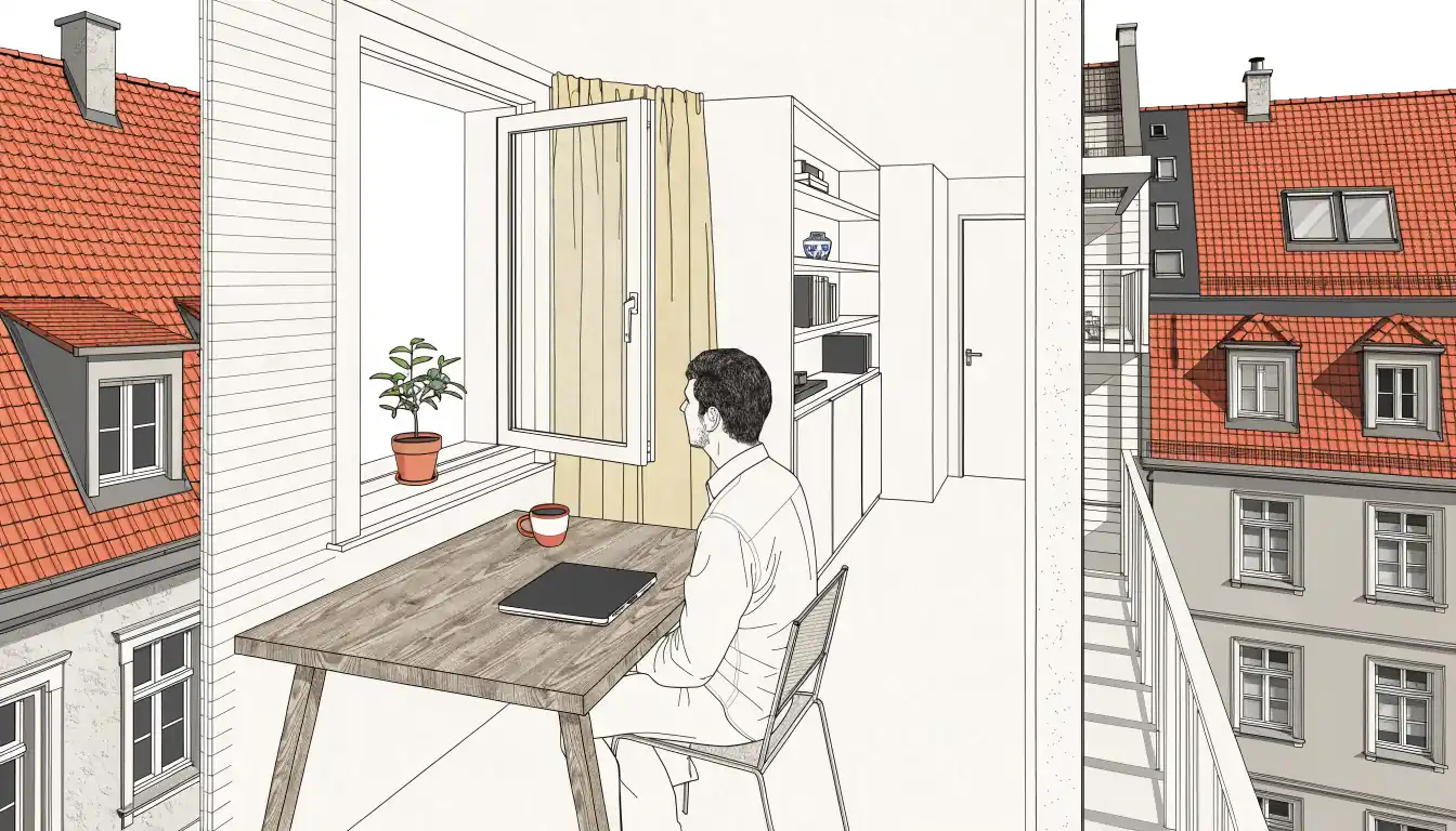 Nachdenklicher Mann mit Laptop und Kaffee in moderner deutscher Wohnung