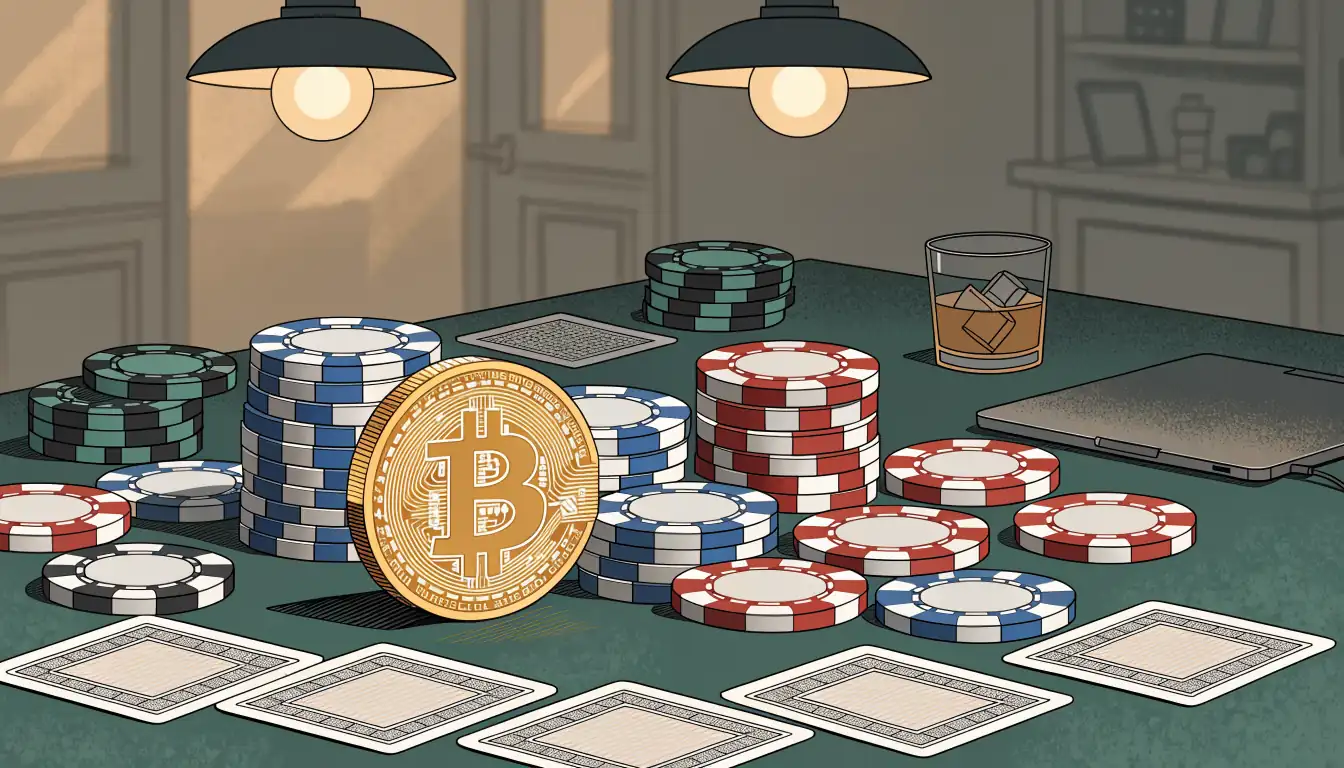 Goldene Bitcoin-Münze auf grünem Spieltisch mit Poker-Chips und Karten.