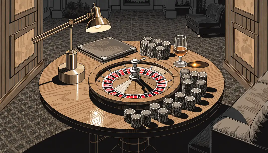 Roulette-Rad mit Chips auf einem Holztisch in stimmungsvollem Casino-Ambiente.