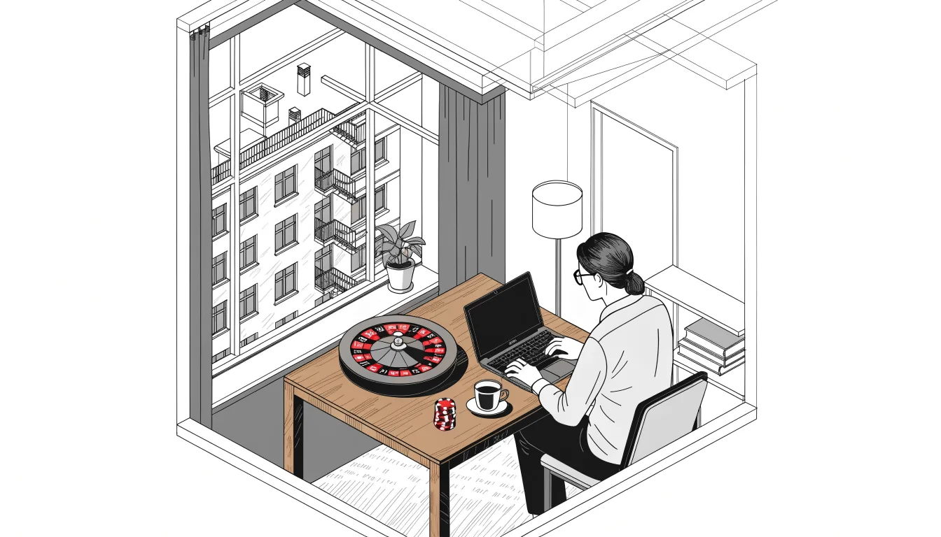 Modernes Wohnzimmer mit Laptop, Spielchips und Roulette auf dem Tisch